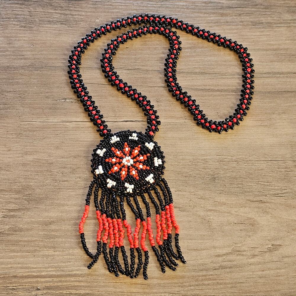 Vintage Native American Black & Red Star Seed Beaded Fringed Necklace